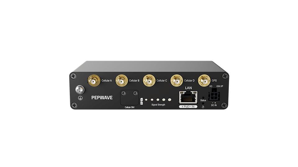 Peplink 5G Adapter front panel showing SMA cellular antenna connectors, GPS port, 2.5G LAN and signal LEDs