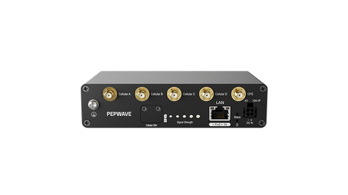 Peplink 5G Adapter front panel showing SMA cellular antenna connectors, GPS port, 2.5G LAN and signal LEDs