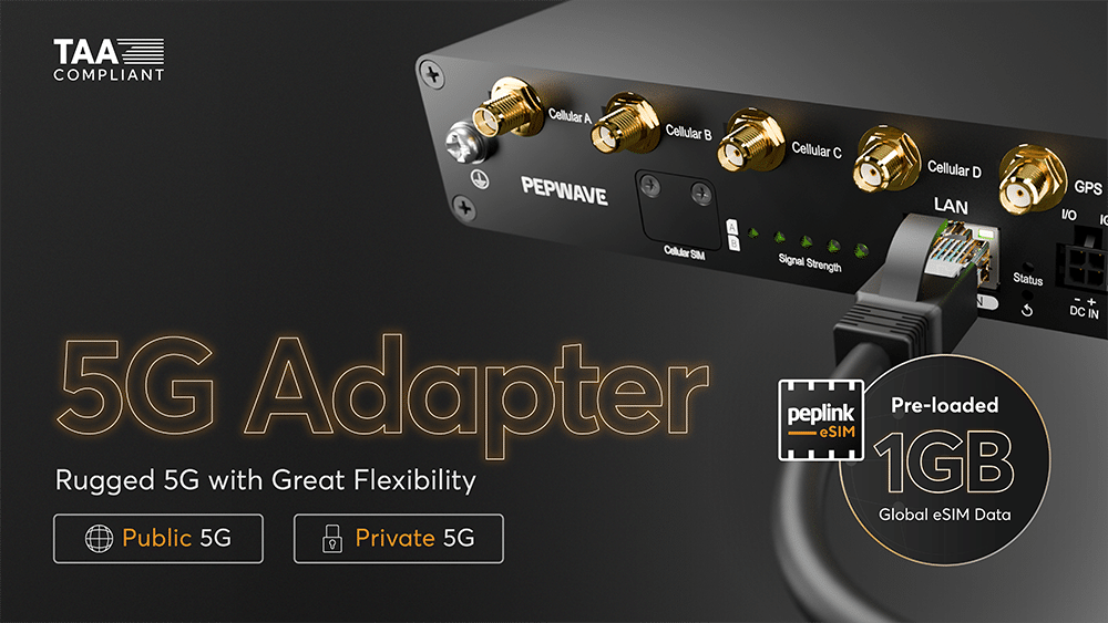 Peplink 5G Adapter rugged 5G modem with 2.5GbE PoE Ethernet handoff, hero shot