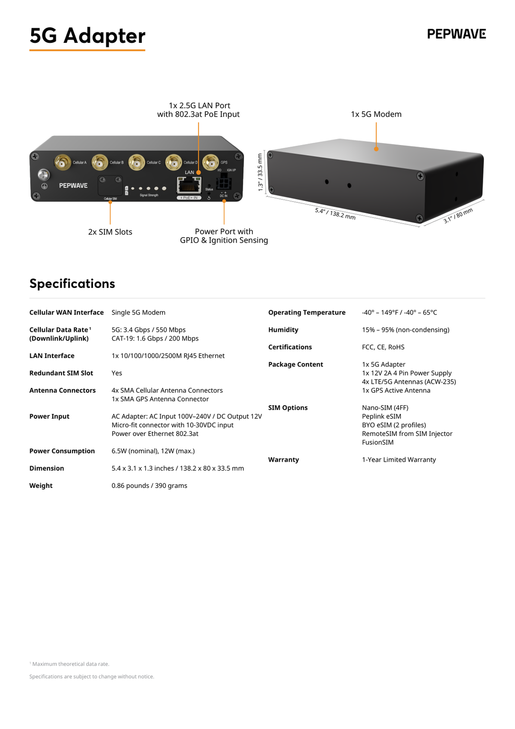 Peplink 5G Adapter specifications diagram with port layout, dimensions and 5G modem details