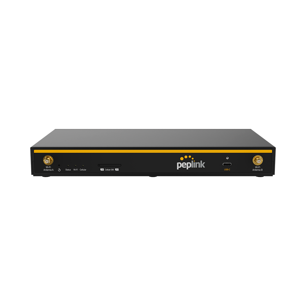 Peplink B One 5G front panel showing 2x WAN ports, 4x LAN ports and USB-C