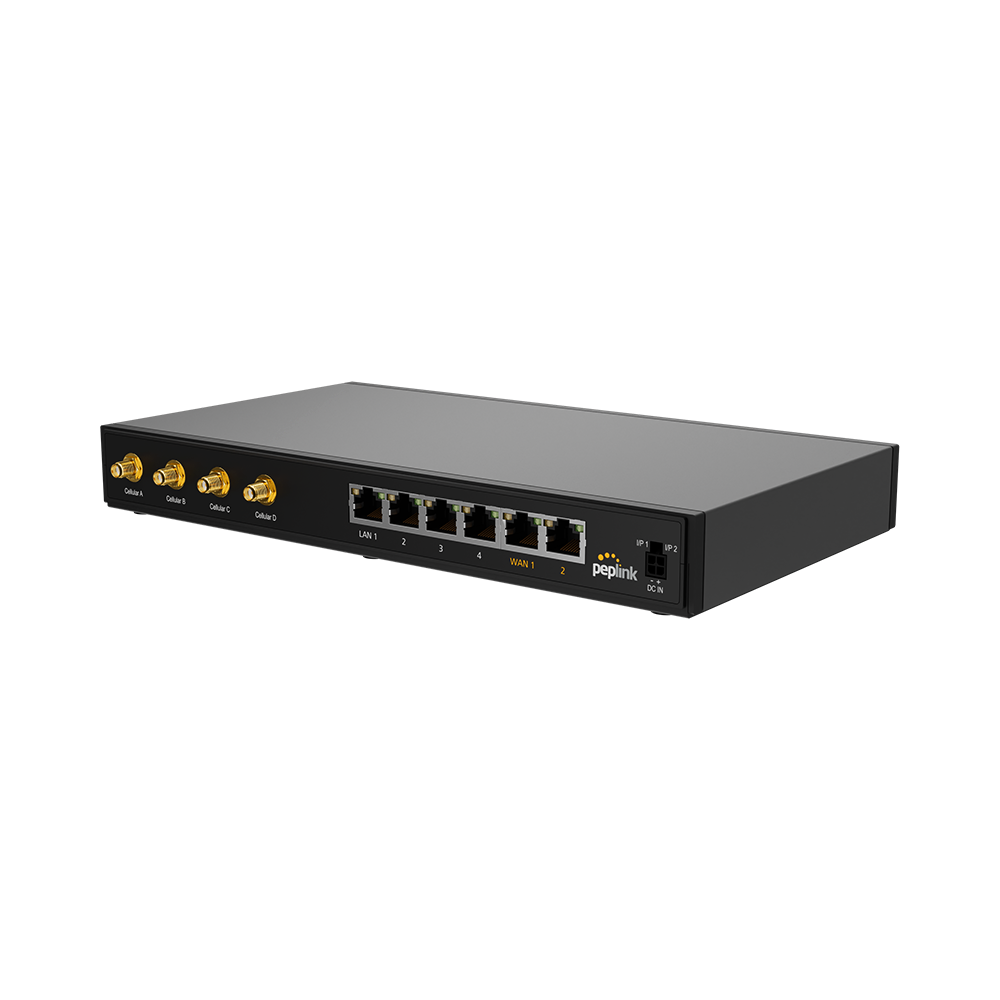 Peplink B One 5G rear panel showing 4x SMA cellular antenna connectors and 2x RP-SMA Wi-Fi connectors