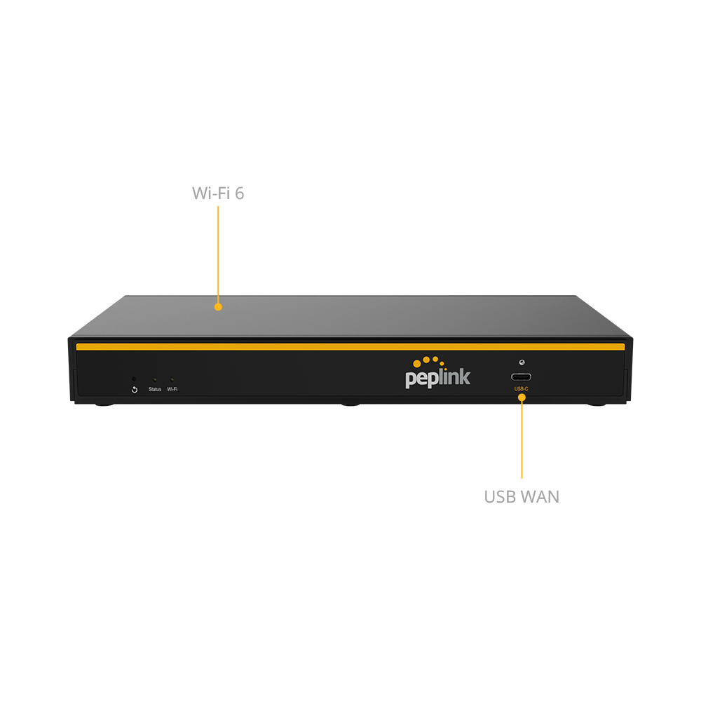 Peplink B One front panel showing 2x WAN ports, 4x LAN ports and USB-C