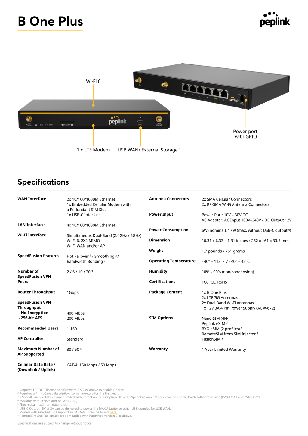 Peplink B One Plus port diagram and specifications