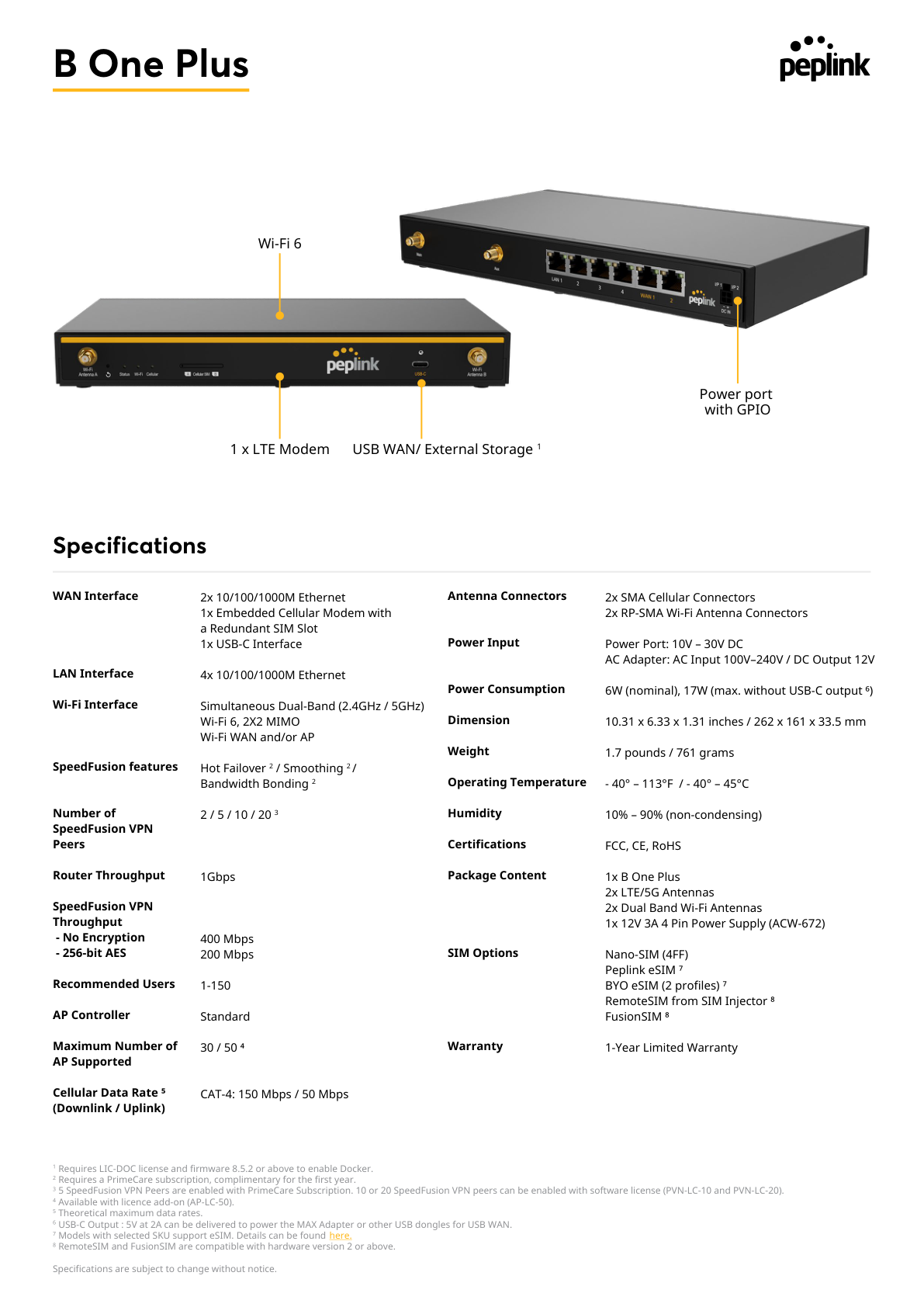 Peplink B One Plus port diagram and specifications