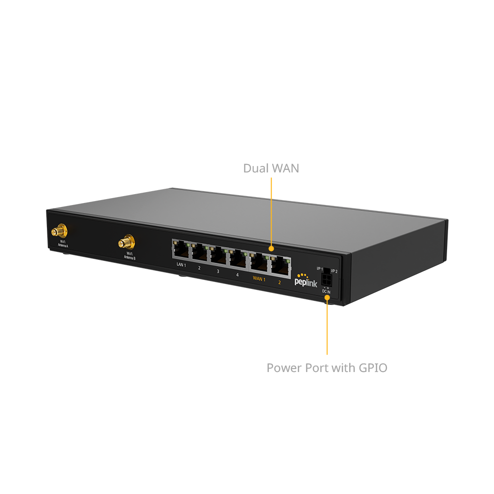 Peplink B One rear panel showing 4-pin power input with GPIO and Wi-Fi antenna connectors