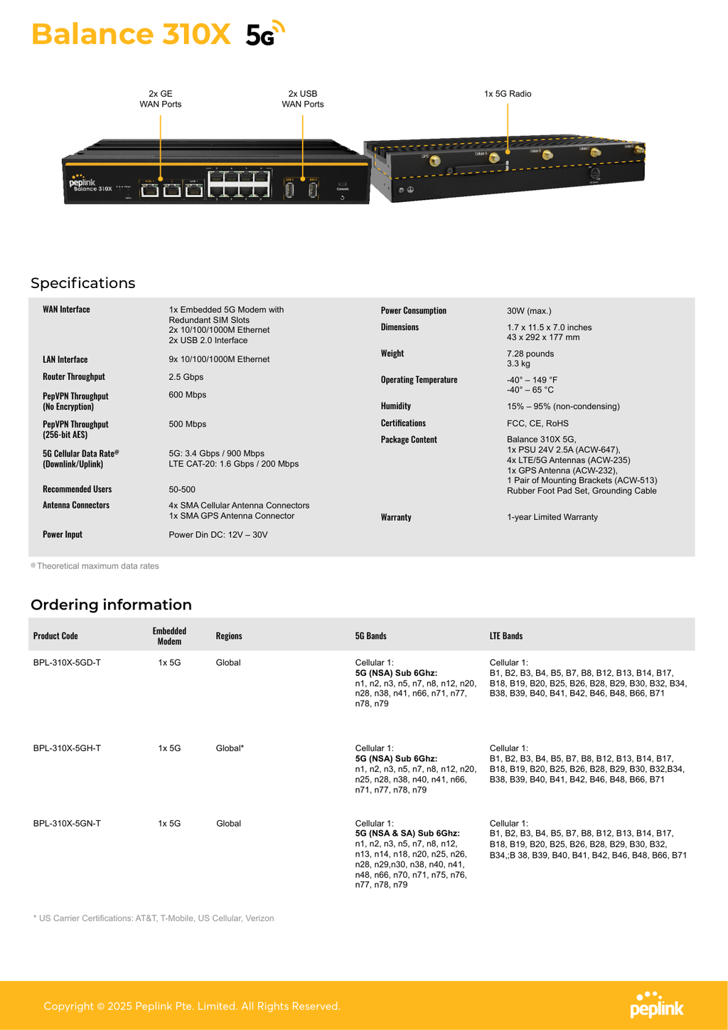 Peplink Balance 310X 5G specifications