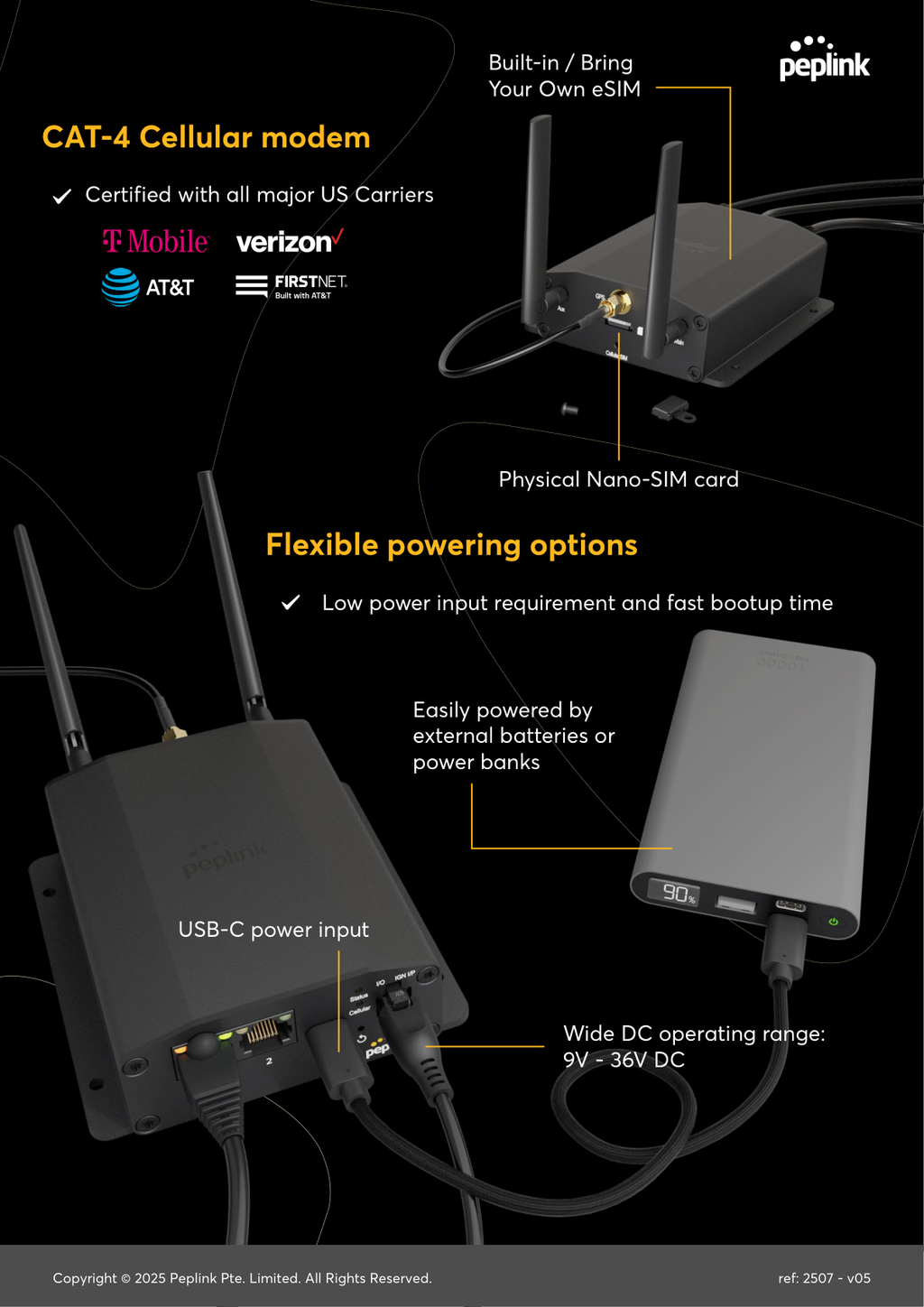 Peplink MAX Adapter flexible powering options USB-C and 9-36V DC