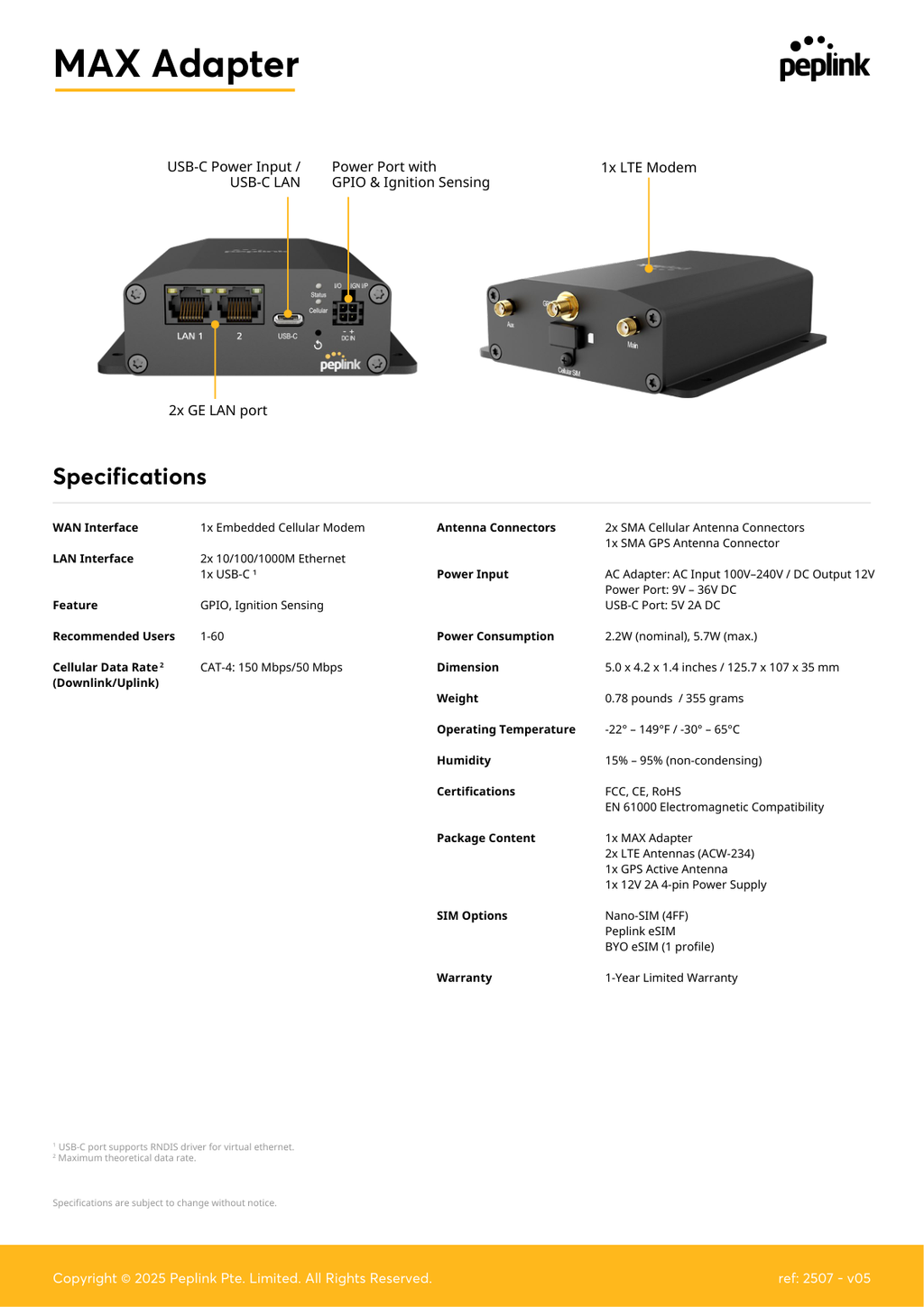 Peplink MAX Adapter specifications