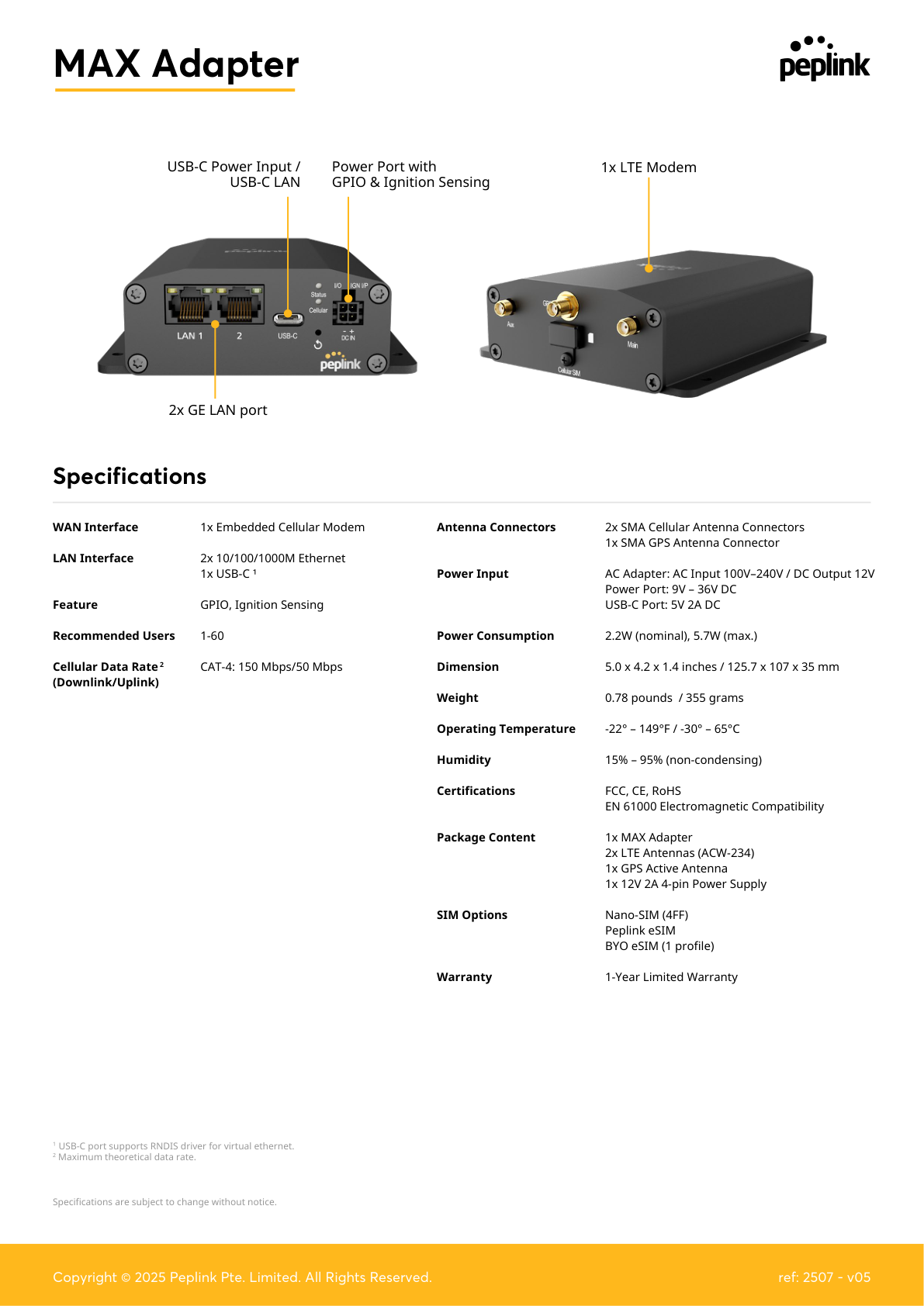 Peplink MAX Adapter specifications
