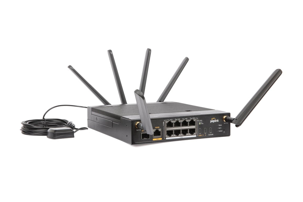 Peplink Balance 310 5G branch router, three-quarter view with antennas